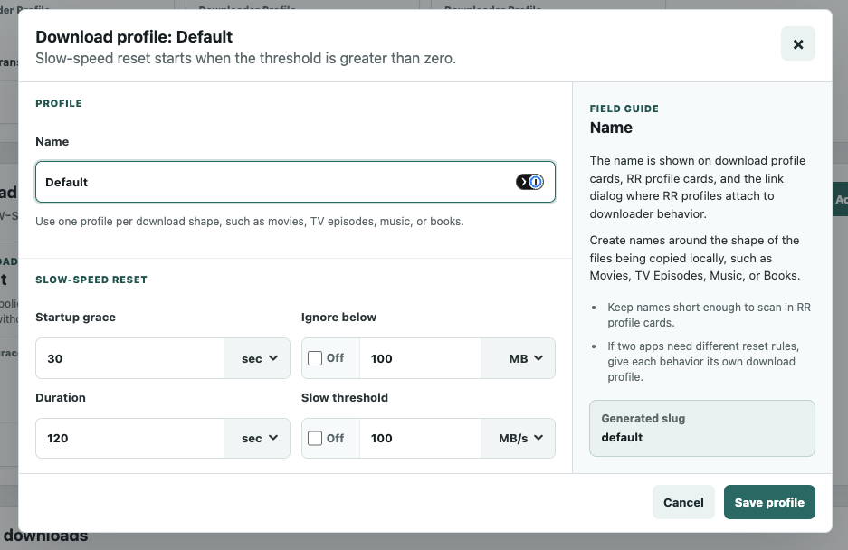 putiorr download profile modal showing startup grace, ignore-below, duration, slow threshold, and semantic field guidance.