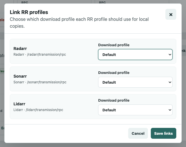 putiorr Link RR profiles modal showing Radarr, Sonarr, and Lidarr assigned to the Default download profile.