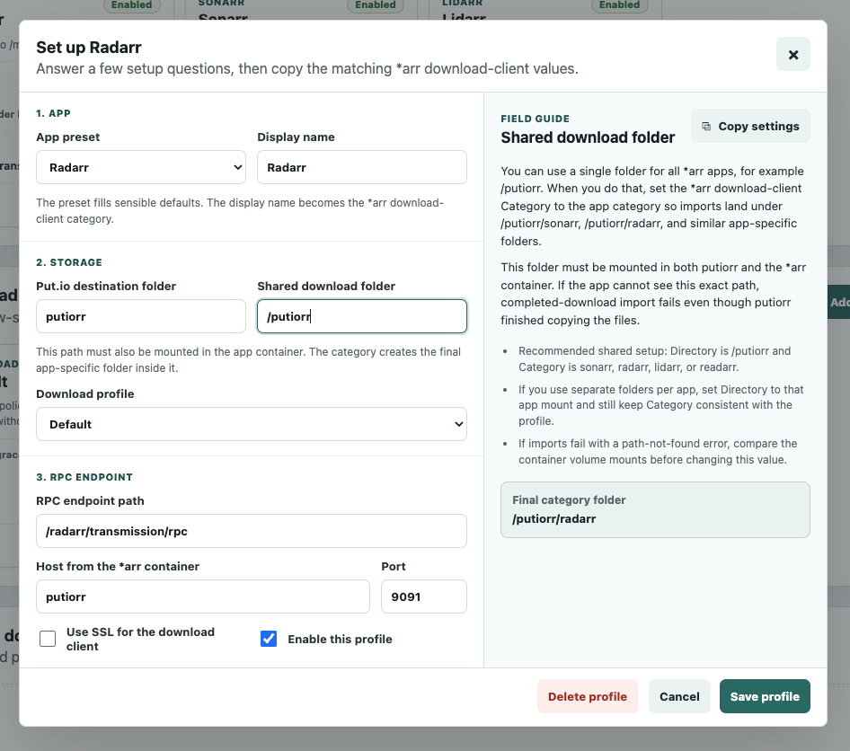 putiorr profile setup wizard showing semantic field help for the shared download folder and the computed final category folder.