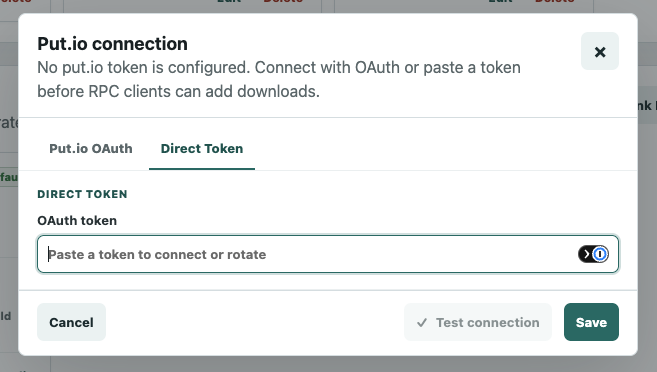putiorr Put.io connection dialog showing the Direct Token tab and token input.
