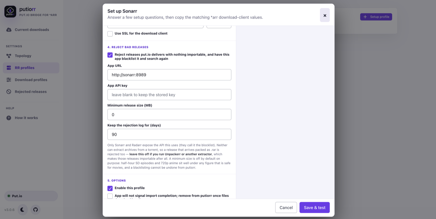 The putiorr profile wizard on a Sonarr profile, showing the Reject bad releases step with the rejection switch ticked, an App URL of http://sonarr:8989, a blank API key field, a zero minimum release size, and a 90 day rejection log retention.