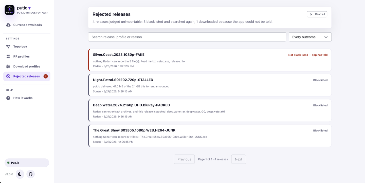 putiorr Rejected releases screen listing four refused releases with the reason for each, the profile that owned it, and whether it was blacklisted or downloaded because the app could not be told.