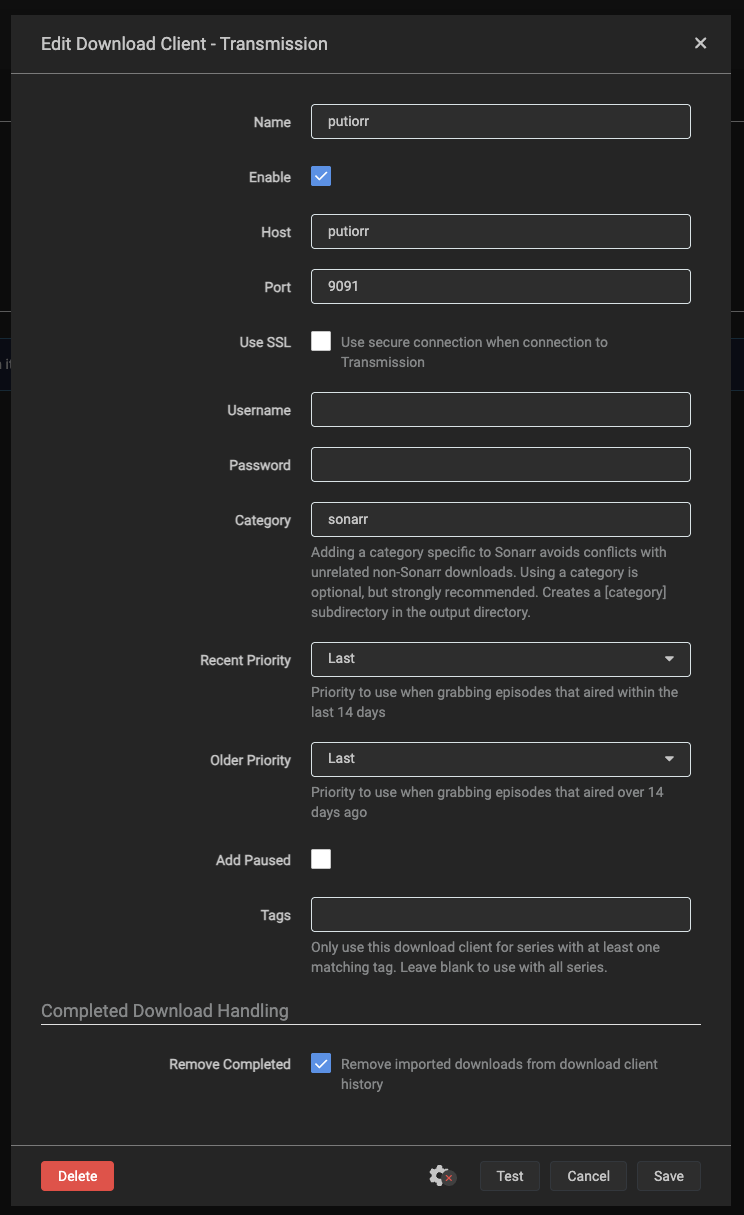 Sonarr Transmission download client configuration showing putiorr as the host, port 9091, category sonarr, and completed download handling enabled.